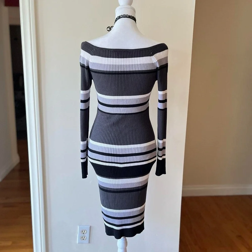 Vintage Y2K Black Gray Ribbed Knit Bodycon Sweater Dress Derek Heart 2000s S-M - Picture 7 of 10
